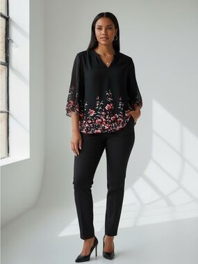 Bebonnie Black V-Neck Blouse with Floral Border